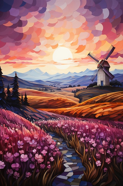 Painting of a windmill in a field with flowers and a path generative ai