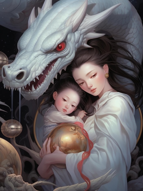 Painting of a woman holding a child with a dragon head generative ai