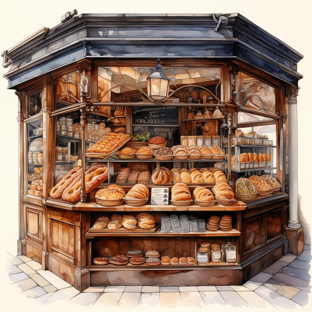 Painting of a bakery with bread and pastries on display generative ai