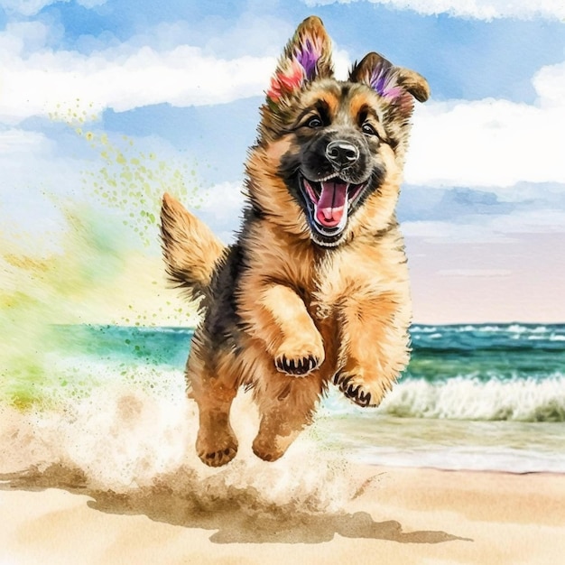 Painting of a dog running on the beach with a frisbee in its mouth generative ai