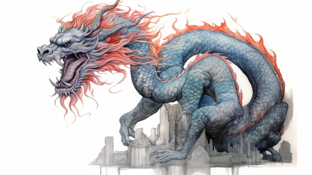 Painting of a dragon with red and blue hair on a city skyline generative ai