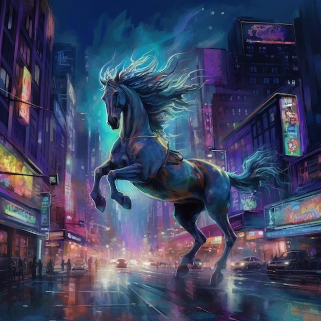 Painting of a horse in the city at night generative ai