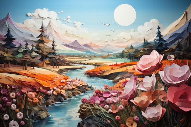 Painting of a river with flowers and trees in a field generative ai