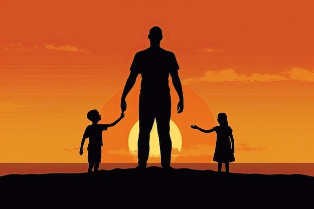 Silhouette of a man and two children on a beach with the sun setting behind him.