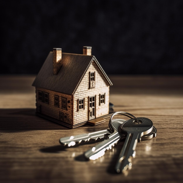 A small wooden house with a bunch of keys on a table