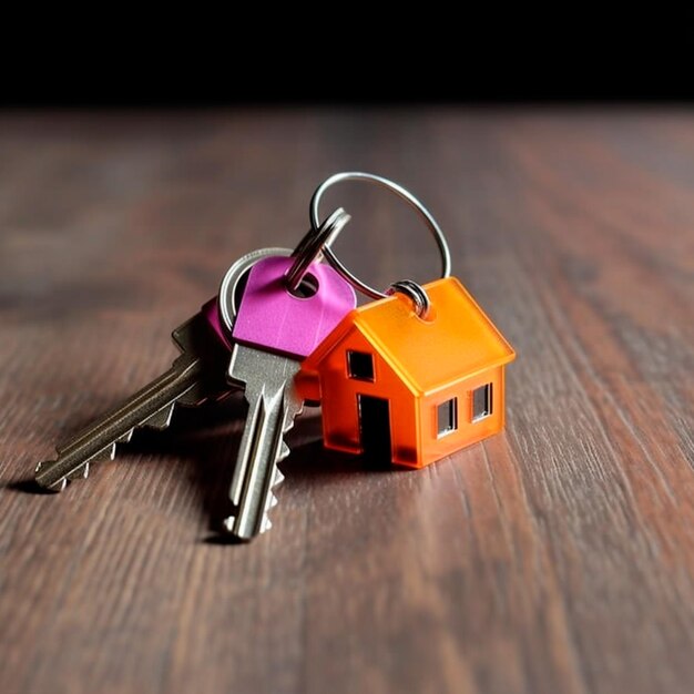 A small orange house with a small key on a wooden table.