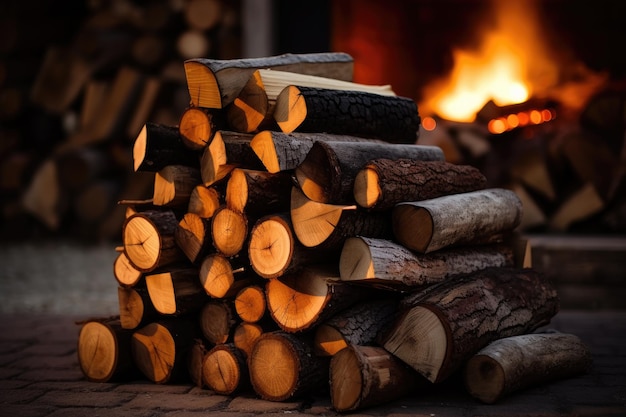 Stacked logs of firewood by the fireplace