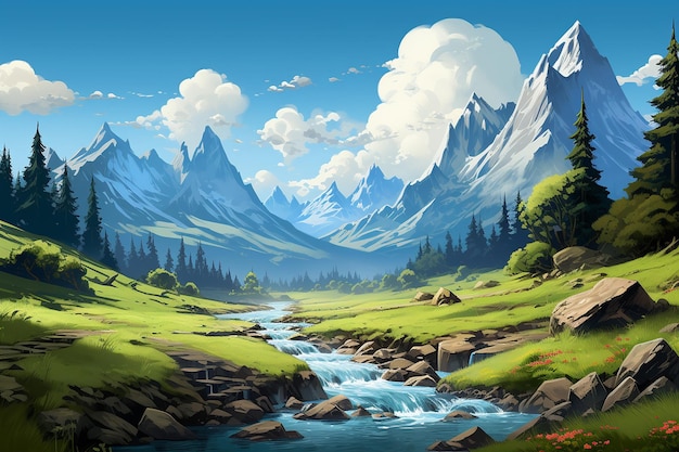 Summer scenery with mountains and a flowing river Generative AI