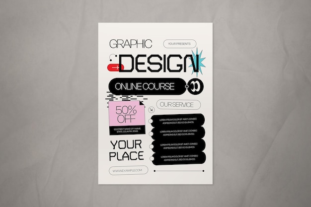 PSD grey neo brutalism graphic design online course flyer