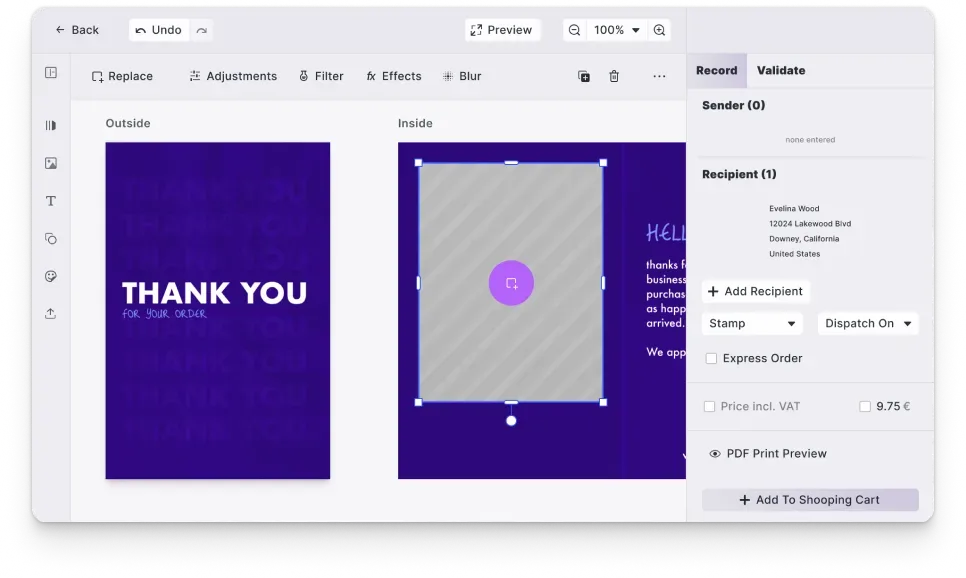 Greeting card editor UI configured for occasion-specific design, with text, photo, and decorative tools tuned per card type