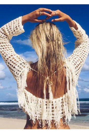 White Crochet Fringe Top Boho Long Sleeve Fishnet Weave Crop Top Beach Cover Up One Size