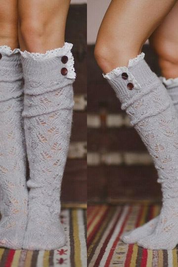 Lace Button Boot Socks Boho Gray Or White Thick Cushy Soft Crochet Lace & Wood Button Top