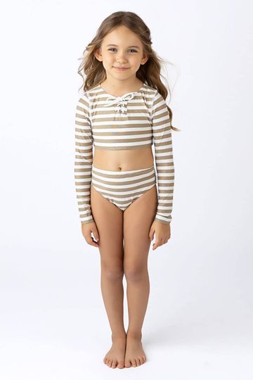 Gold Stripe Lace Up Cropped Rashguard Swim Set