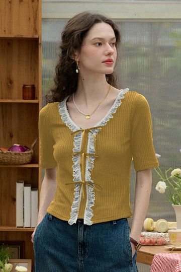 【Black Friday】Emerie V-neck Contrast Lace Panel Bow Knitted Top - Yellow