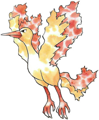 Moltres Early Sugimori artwork - Red/Green JP