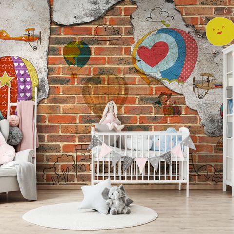 Hot Air Balloon with Young People on Brick Wallpaper Mural