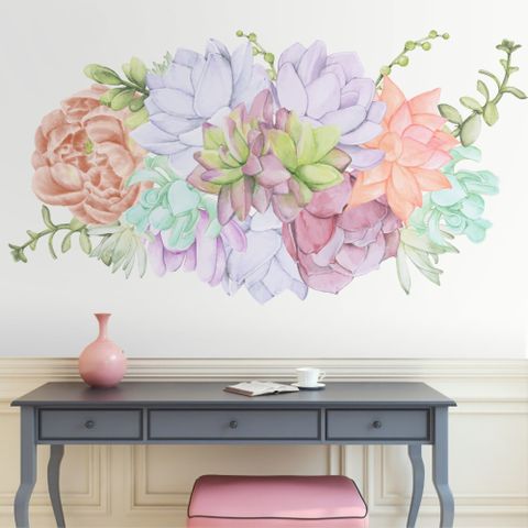 Watercolor Soft Echeveria Cactus Florals Wall Decal Sticker