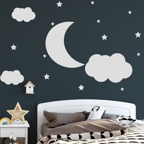 Nursery White Crescent Moon with Clouds Wall Decal Sticker