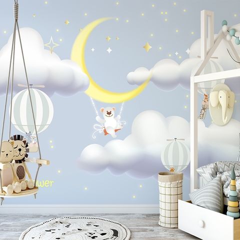 Kids Cartoon Cloud and Yellow Moon Wallpaper Mural