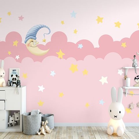 Kids Girls Pink Night with Sleeping Moon Wallpaper Mural