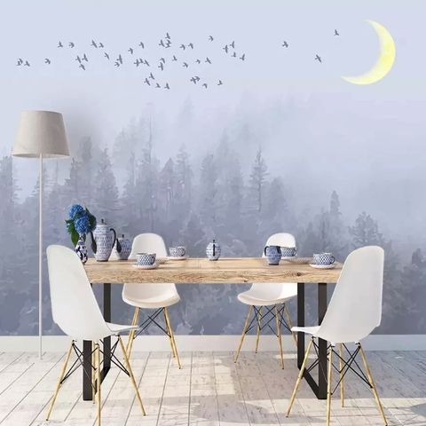 Monochrome Night Forest and Birds Wallpaper Mural