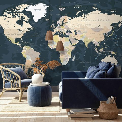 Navy Blue Political World Map Wallpaper Mural