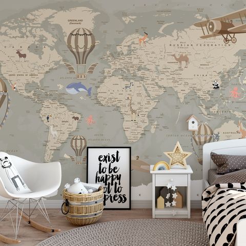 Kids Soft Brown Political World Map with Drawing Animals Wallpaper Mural