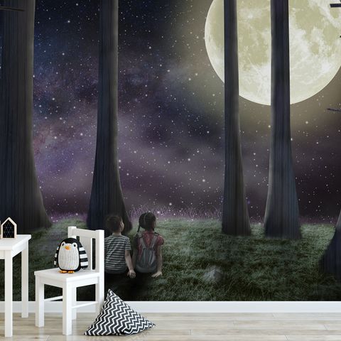 3D Look Moon Landscape with Cute Kids Wallpaper Mural