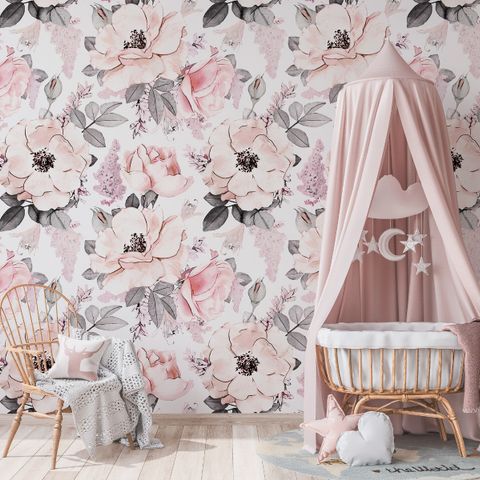 Kids Nursery Floral Pink Rose Pattern Wallpaper Mural