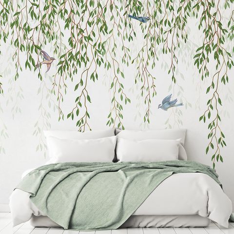 Green Hanging Leaves with Colorful Birds Wallpaper Mural