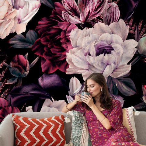 Dark Watercolor Colorful Peony Floral Wallpaper Mural