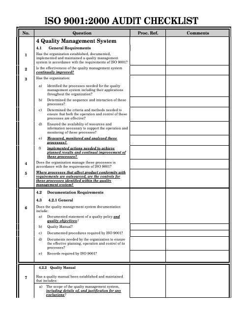 Iso 9001:2000 Audit Checklist 4 Quality Management System No. Question 8AA