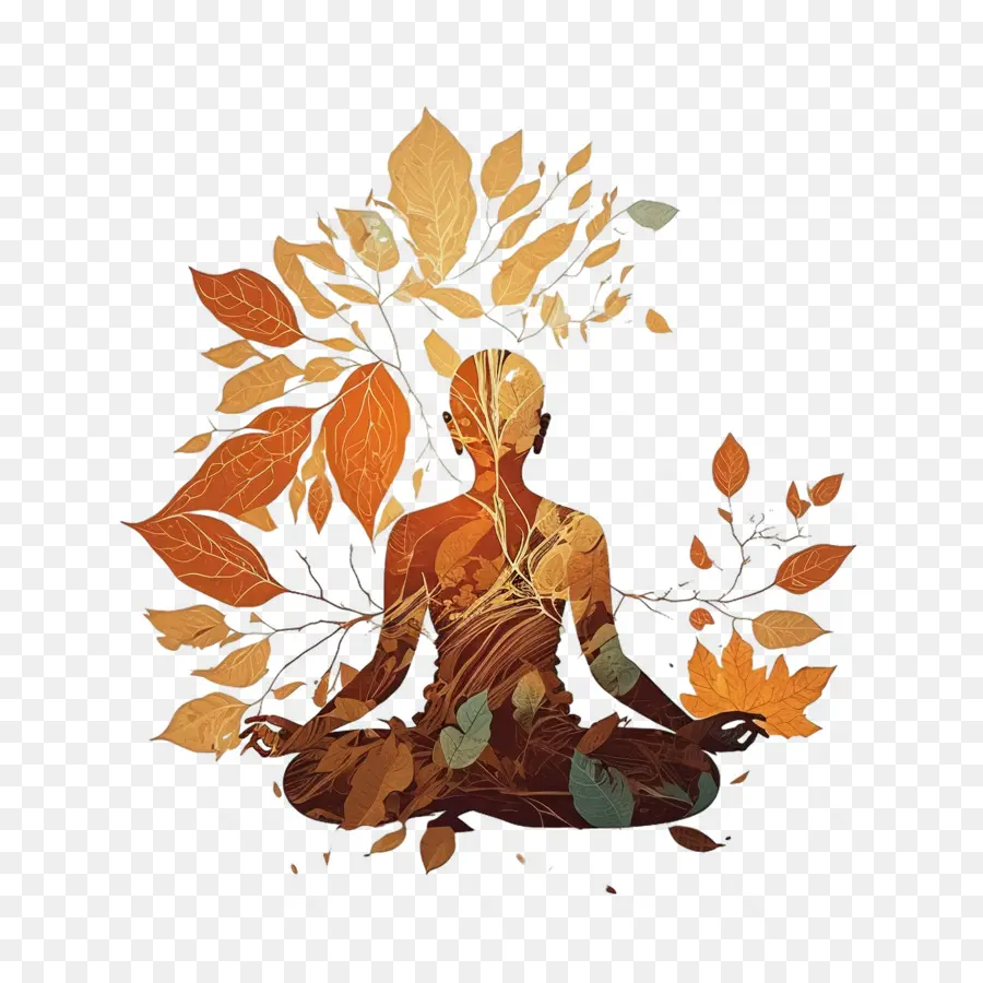 Journée Internationale Du Yoga，Personnage Méditant Avec Des Feuilles PNG