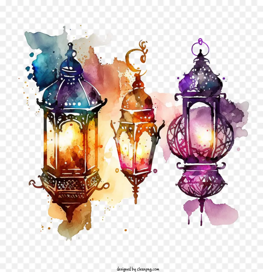 Lanterne Aquarelle，Lampes Brillantes PNG