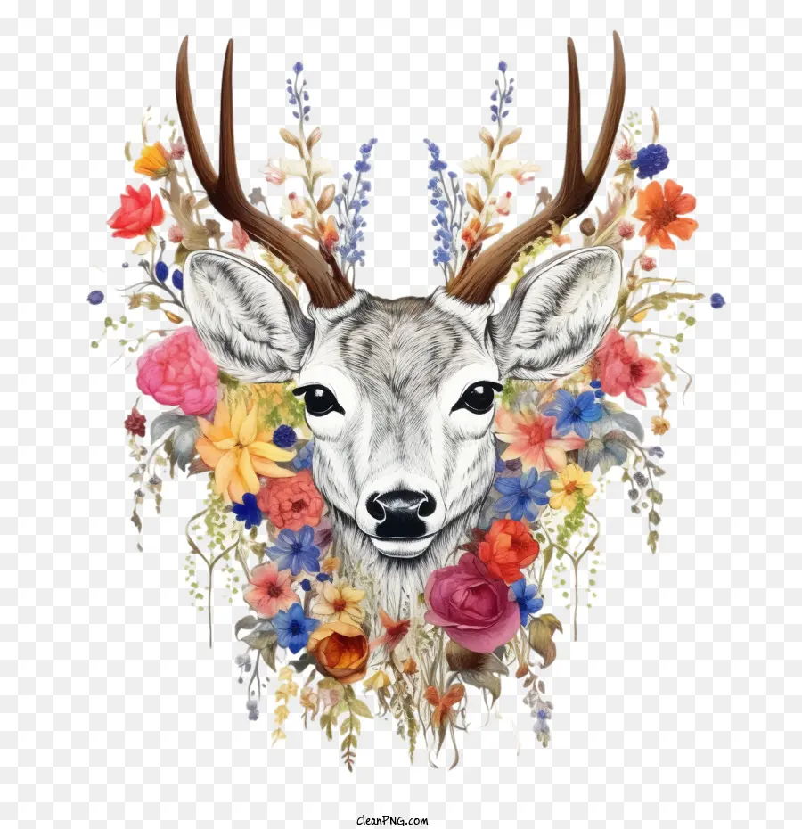 Cerf，Cerf Avec Des Fleurs PNG