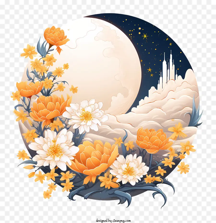 Journée De La Mi Automne，Lune Et Fleurs PNG