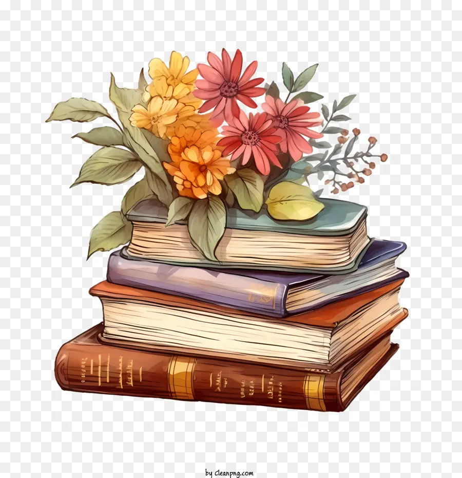 Pile De Vieux Livres，Livres Avec Des Fleurs PNG