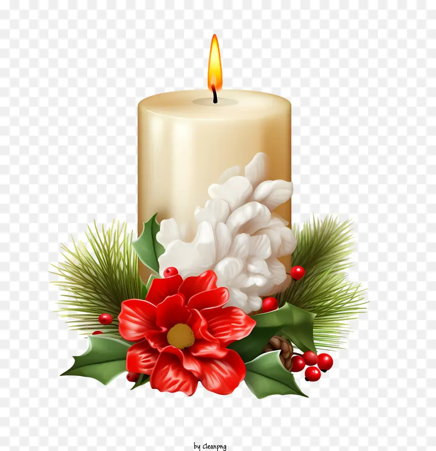 Bougie De Noël，Bougie Avec Poinsettia PNG