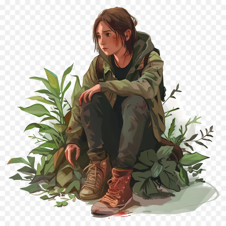 Le Dernier D'entre Nous，Fille Assise Avec Des Plantes PNG