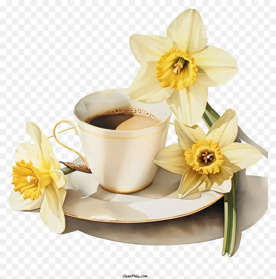 L'heure Du Café De Printemps，Tasse à Café Avec Jonquilles PNG