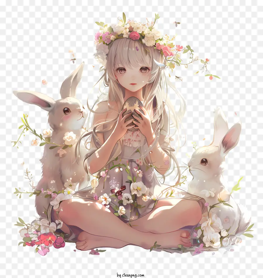 Animé，Fille Avec Des Lapins PNG