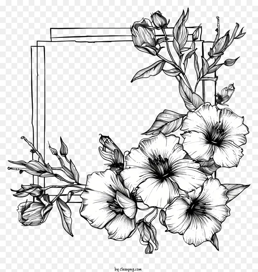 Cadre Rectangle Ligne Noire，Croquis De Fleurs PNG