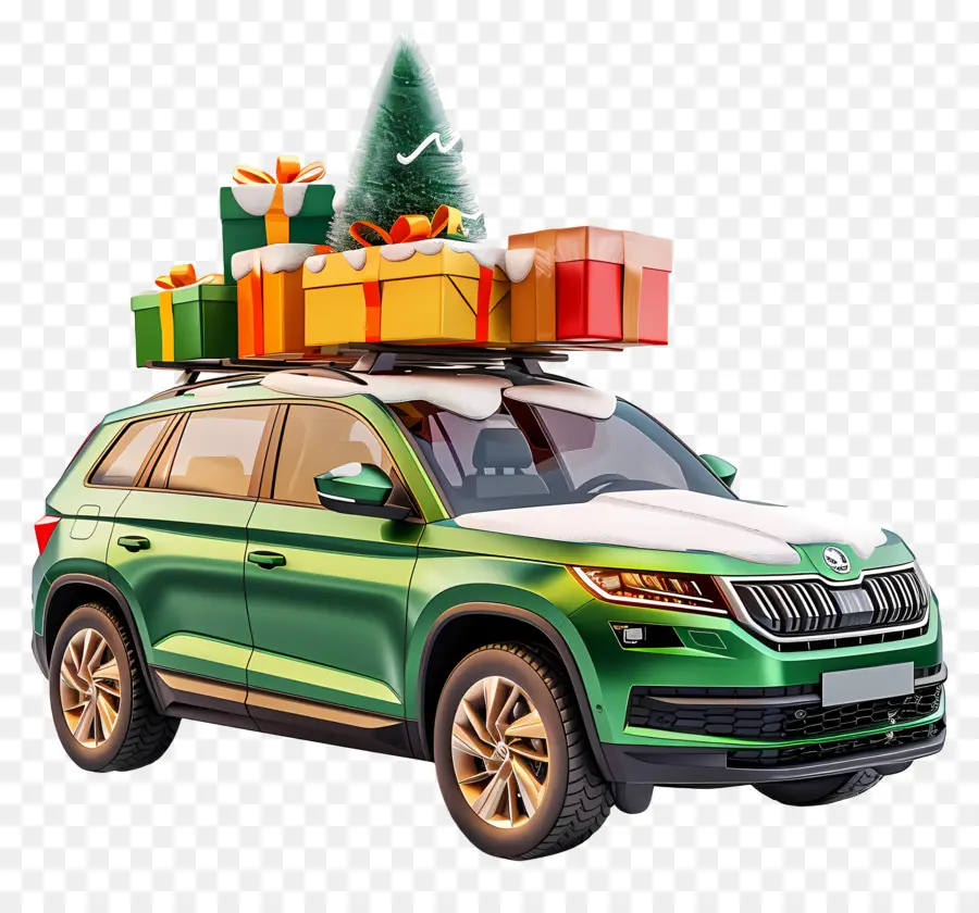 Skoda Kodiaq，Voiture Verte Avec Des Cadeaux PNG