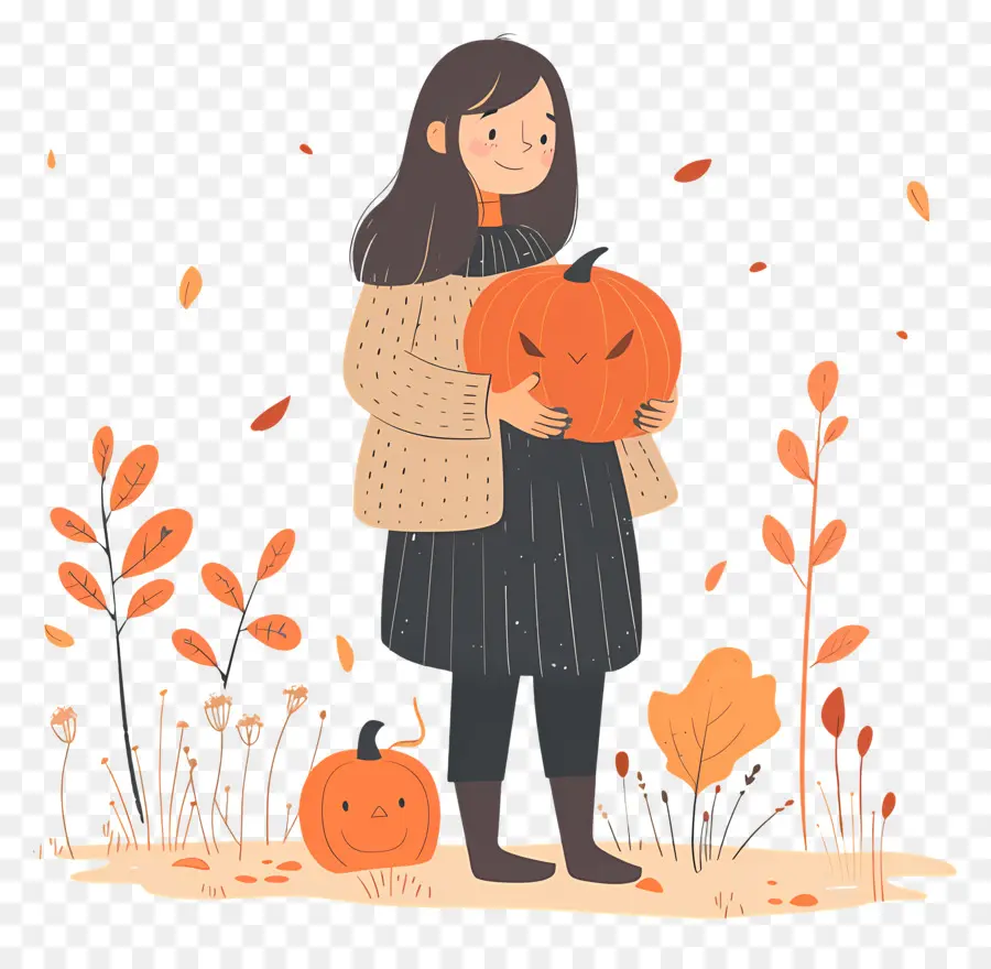 Fille à La Citrouille，Automne PNG