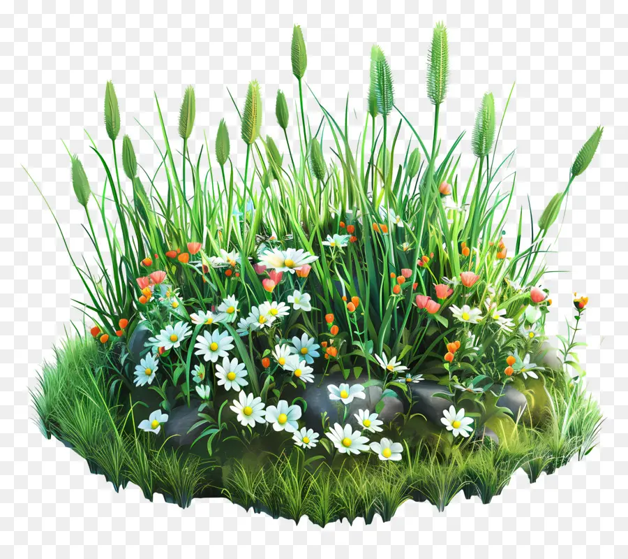 Prairie，Rocher Avec De L'herbe Et Des Fleurs PNG