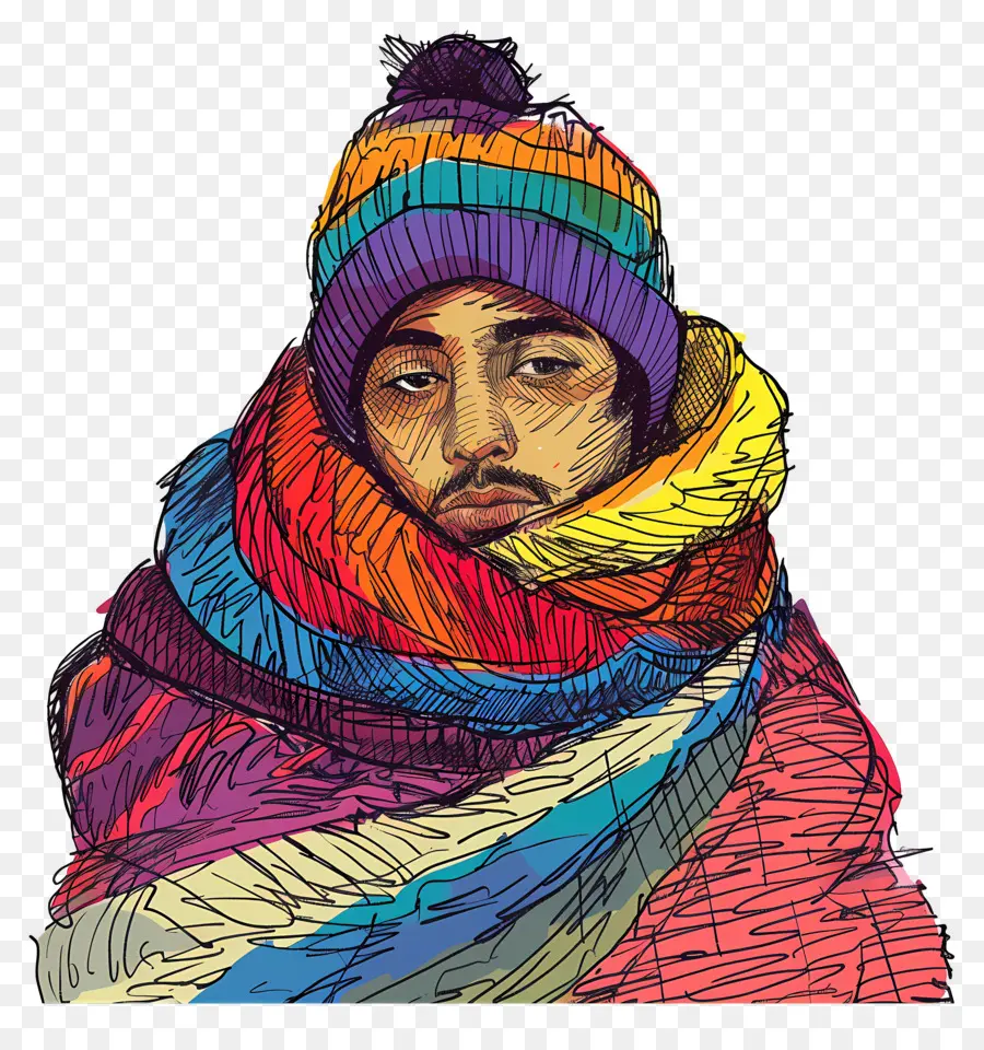 Homme Hiver，Homme En Foulard Coloré PNG