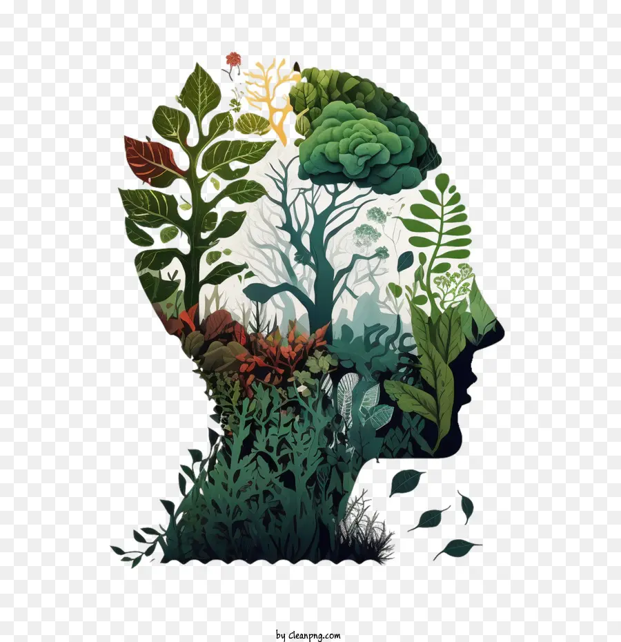 Día Mundial De La Salud Mental，Silueta Con Plantas PNG