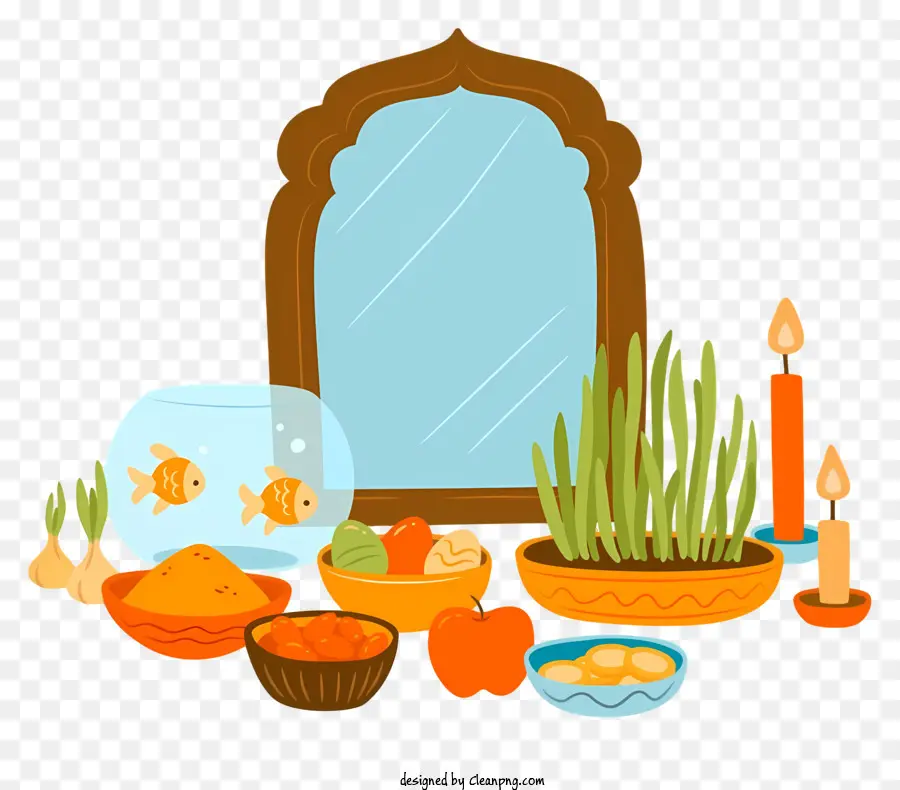 Decoración De Mesa，Espejo Y Pez PNG