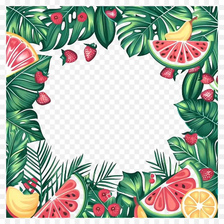 Verão，Frutas E Folhas Tropicais PNG