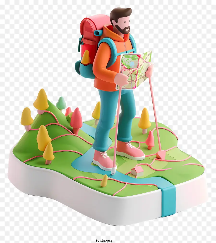 3d Hiker พร้อมแผนที่，ผู้ชายปีนเขา PNG